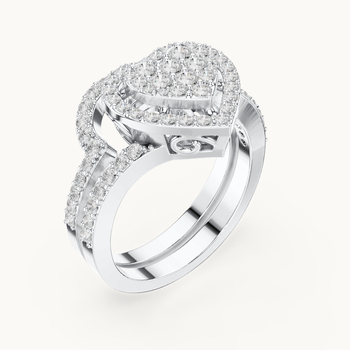 Round lab-grown diamond heart cluster ring with double pavé band in white gold, 0.94 CT TW, view 2