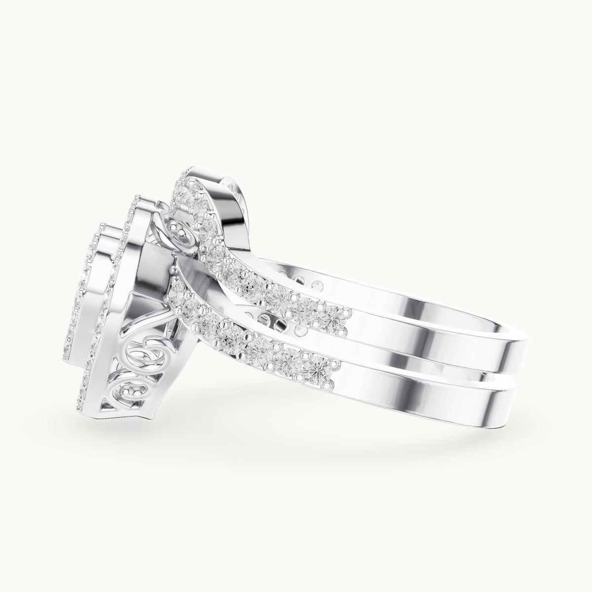 Round lab-grown diamond heart cluster ring with double pavé band in white gold, 0.94 CT TW, view 3