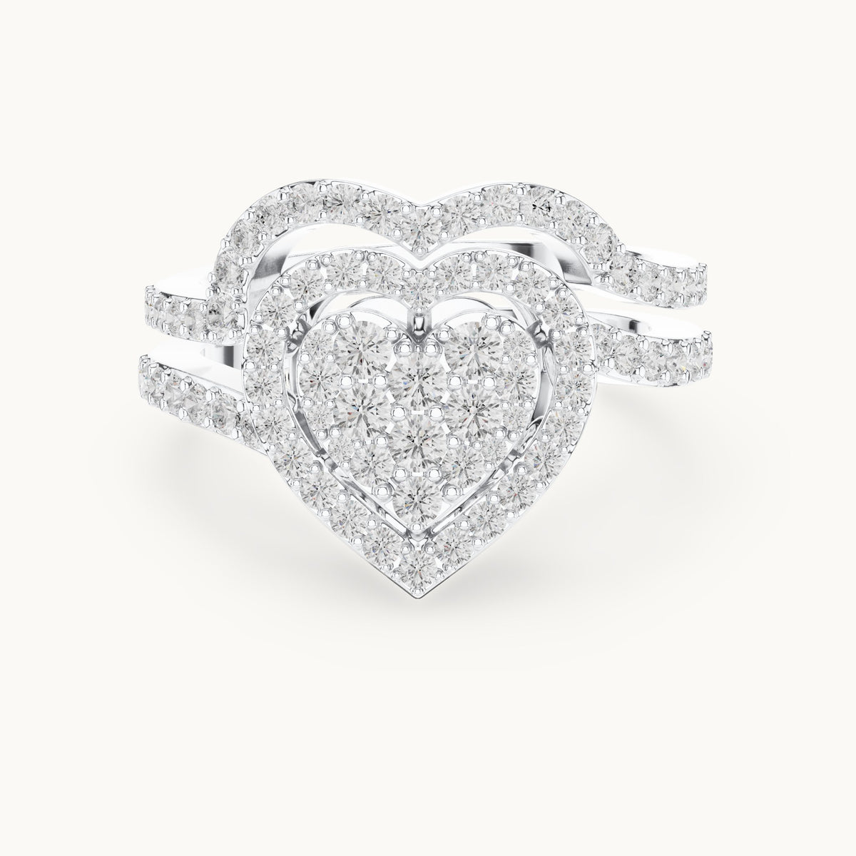 Round lab-grown diamond heart cluster ring with double pavé band in white gold, 0.94 CT TW, view 4