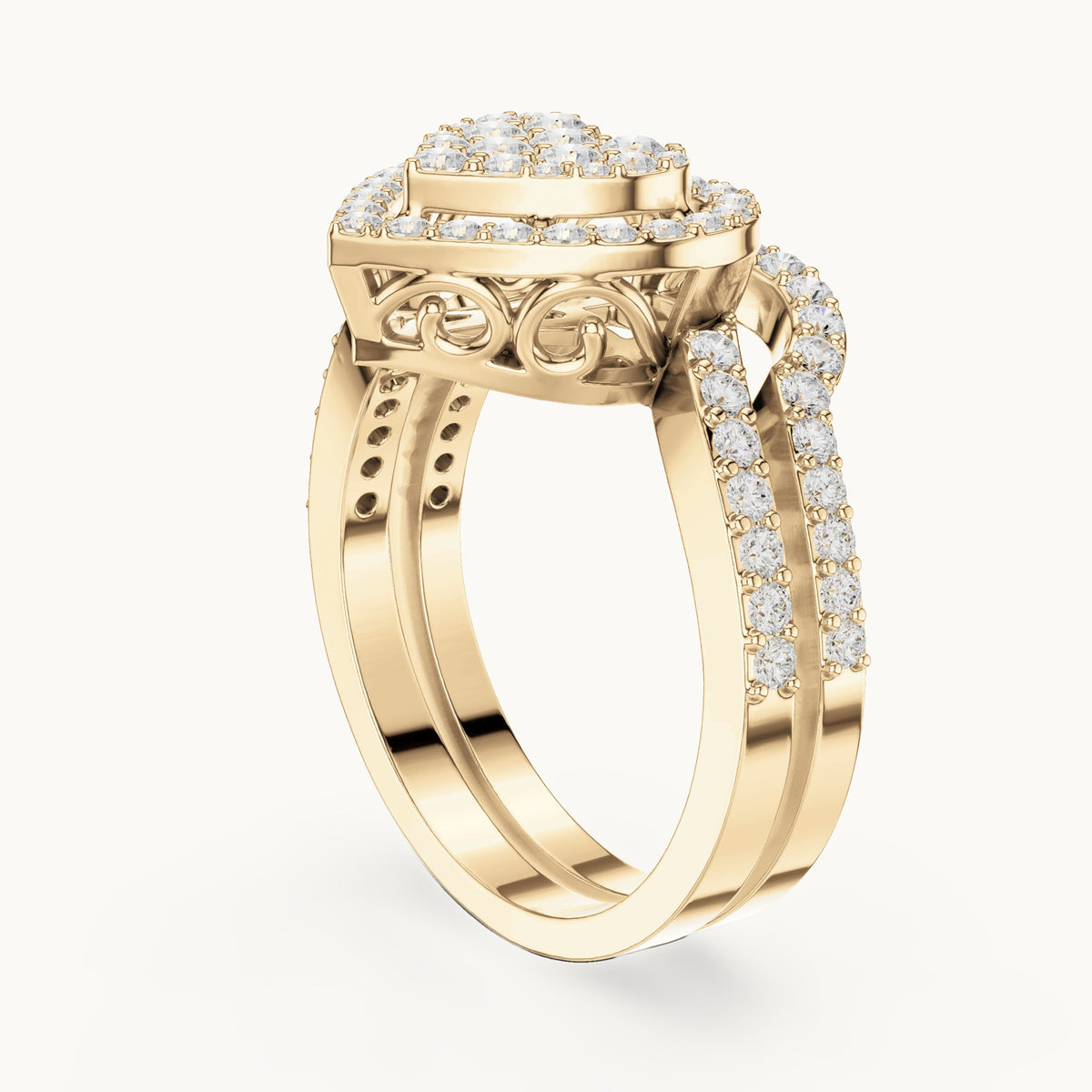 Round lab-grown diamond heart cluster ring with double pavé band in yellow gold, 0.94 CT TW, view 1