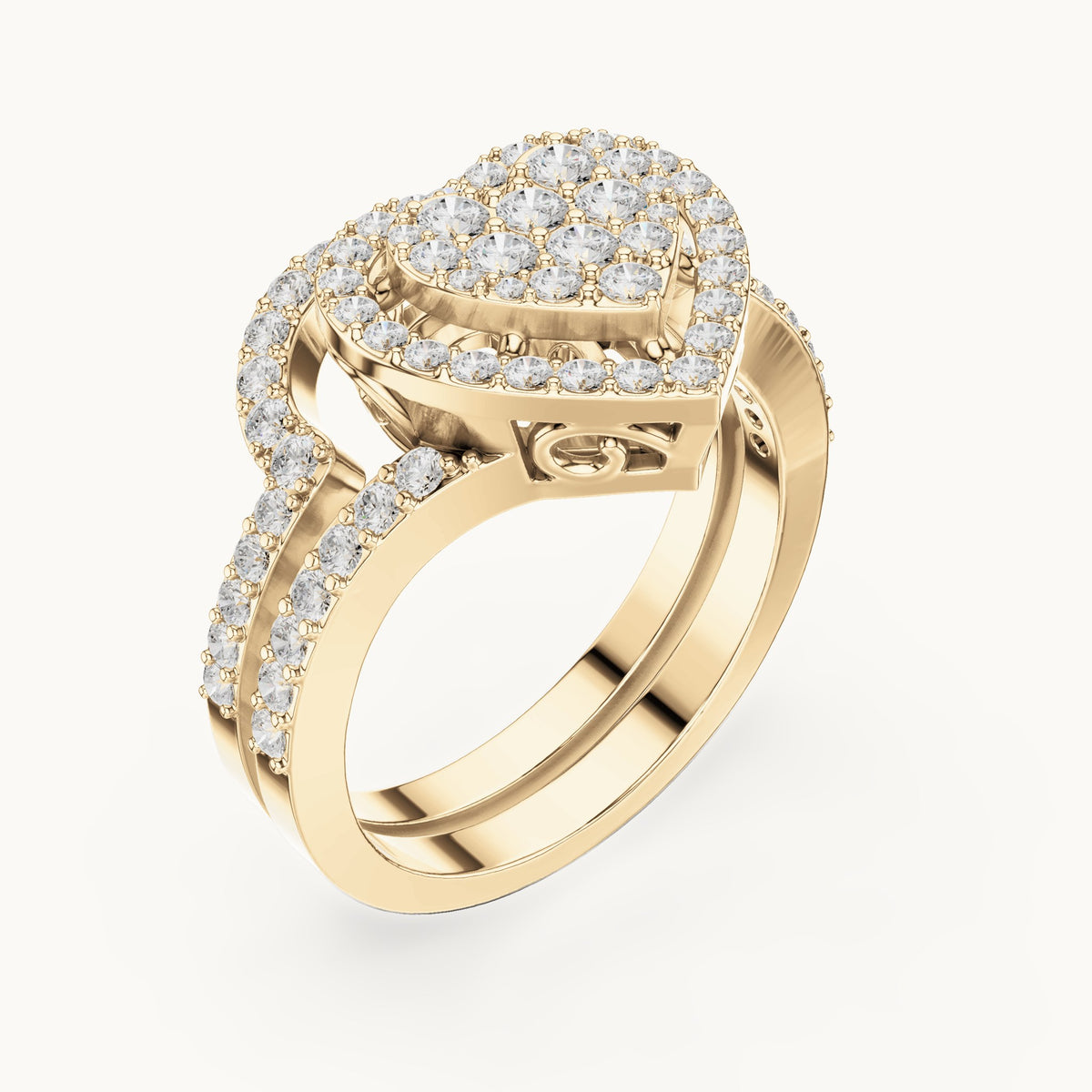 Round lab-grown diamond heart cluster ring with double pavé band in yellow gold, 0.94 CT TW, view 2