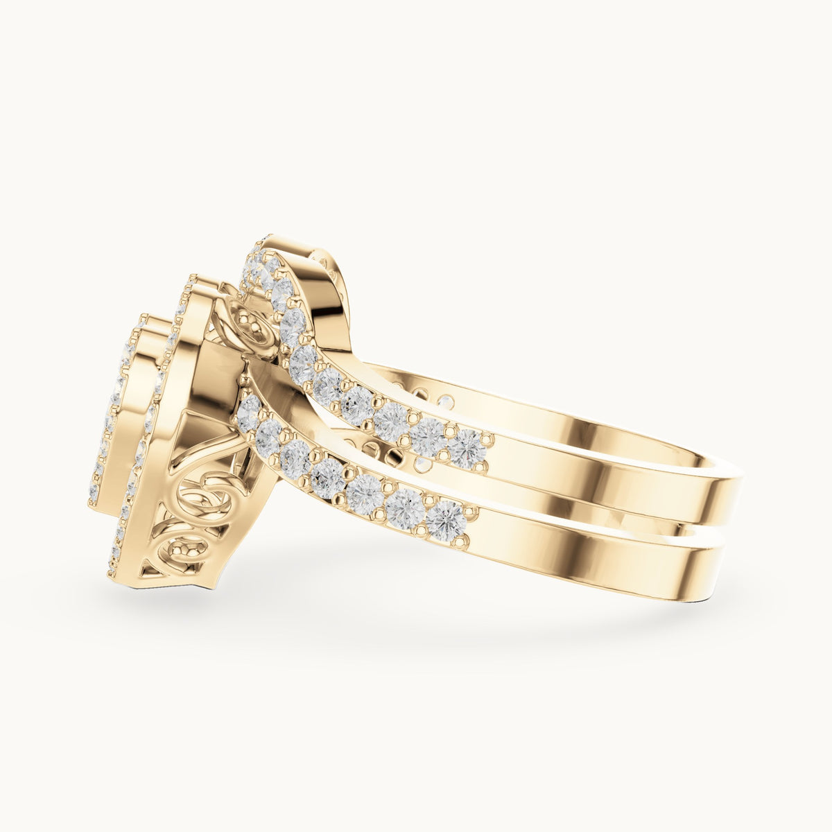 Round lab-grown diamond heart cluster ring with double pavé band in yellow gold, 0.94 CT TW, view 3