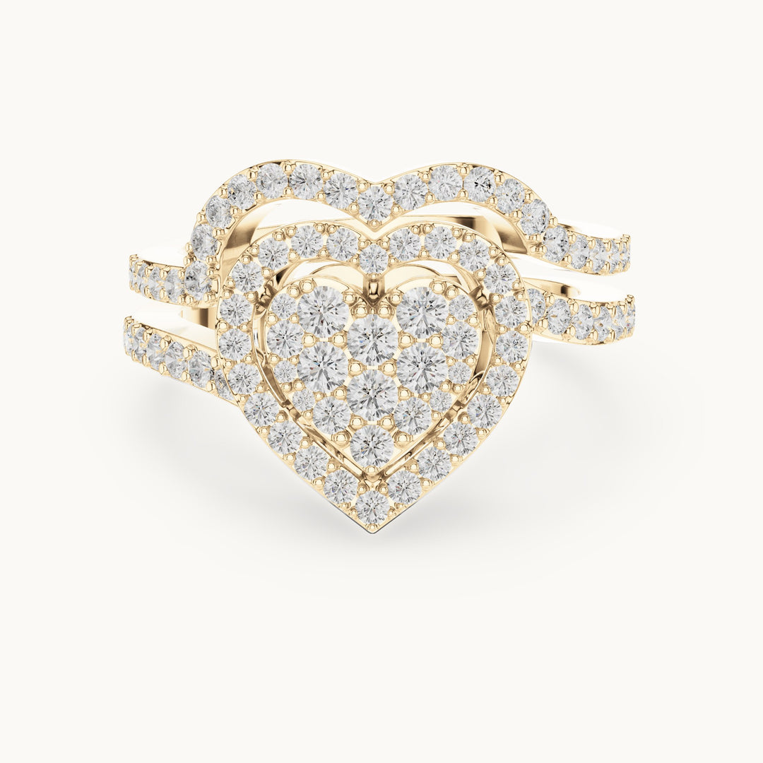 Round lab-grown diamond heart cluster ring with double pavé band in yellow gold, 0.94 CT TW, view 4