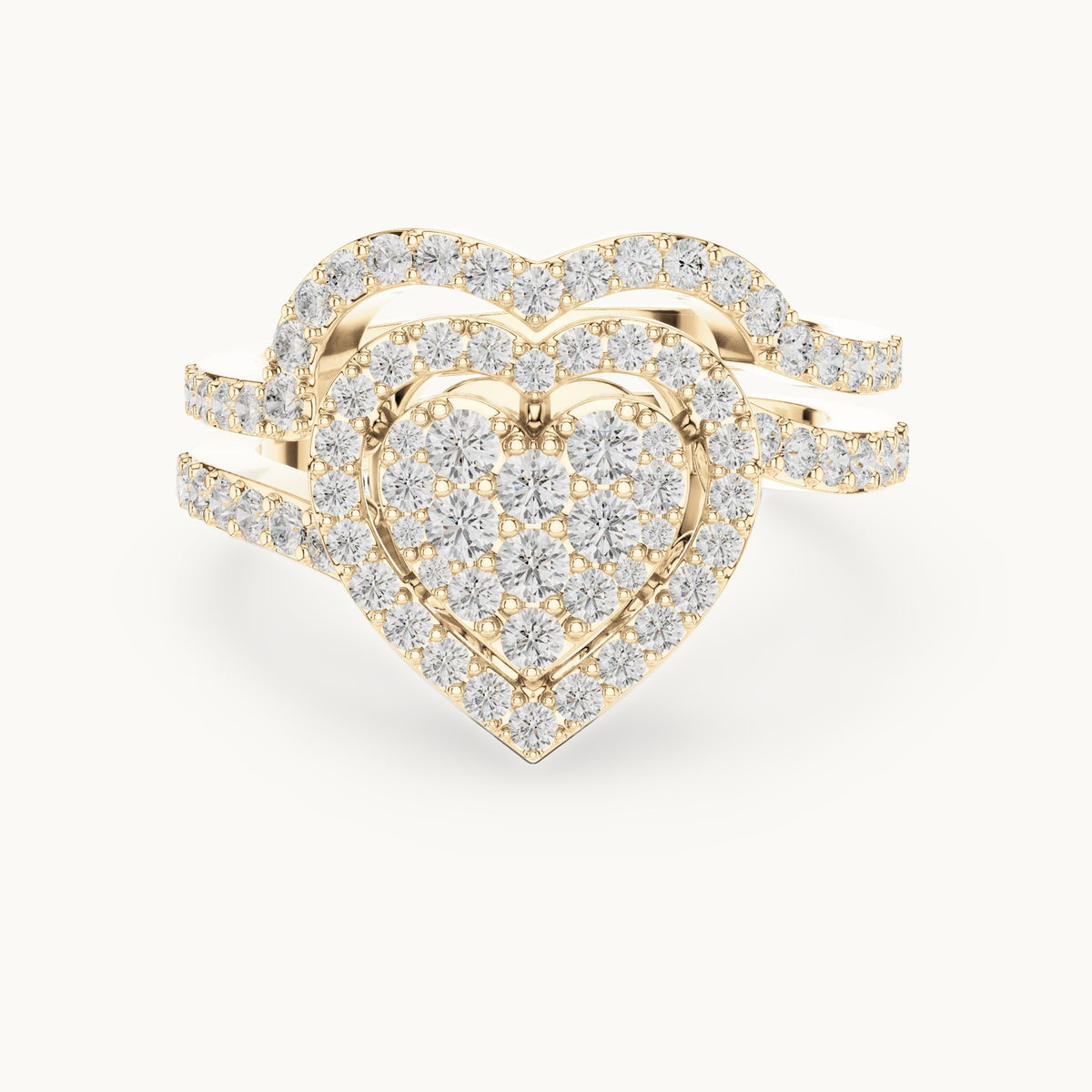 Round lab-grown diamond heart cluster ring with double pavé band in yellow gold, 0.94 CT TW, view 4