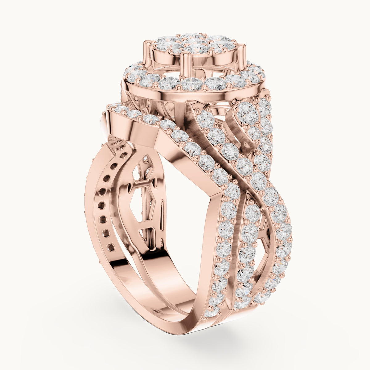 Round lab-grown diamond cluster halo ring with crossover pavé band in rose gold, 2.33 CT TW, view 1