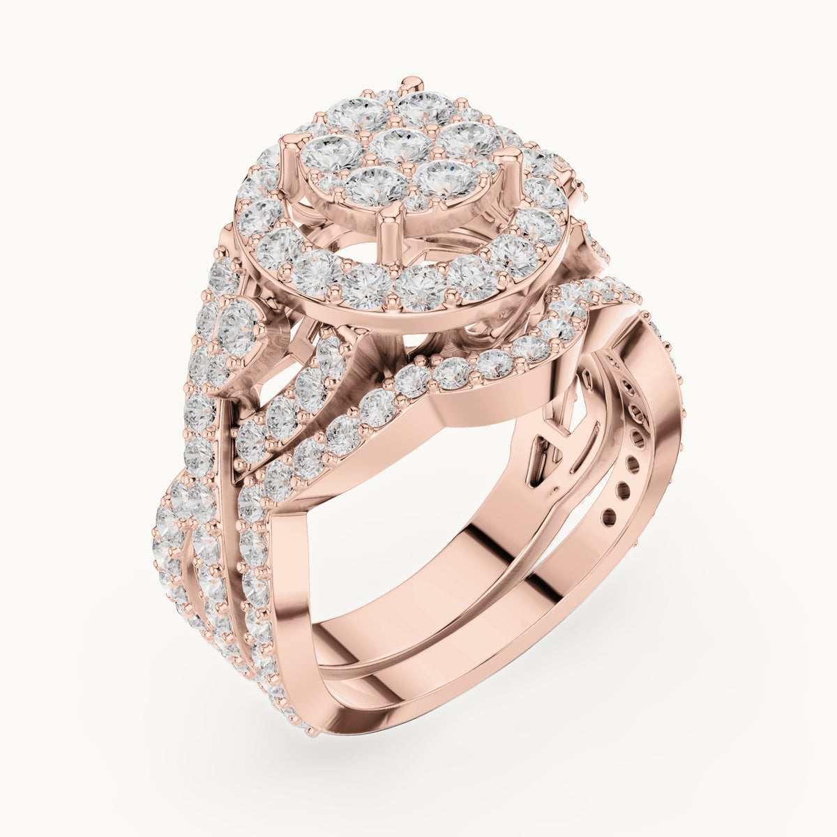 Round lab-grown diamond cluster halo ring with crossover pavé band in rose gold, 2.33 CT TW, view 2