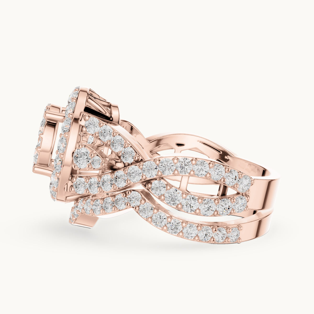 Round lab-grown diamond cluster halo ring with crossover pavé band in rose gold, 2.33 CT TW, view 3