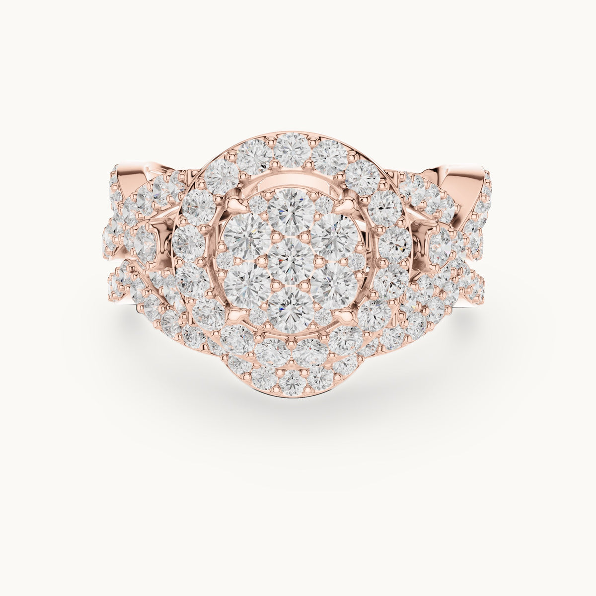 Round lab-grown diamond cluster halo ring with crossover pavé band in rose gold, 2.33 CT TW, view 4