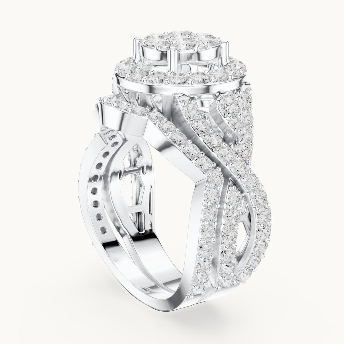 Round lab-grown diamond cluster halo ring with crossover pavé band in white gold, 2.33 CT TW, view 1