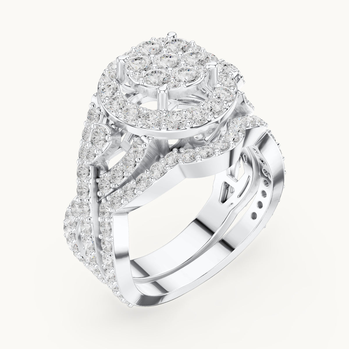 Round lab-grown diamond cluster halo ring with crossover pavé band in white gold, 2.33 CT TW, view 2