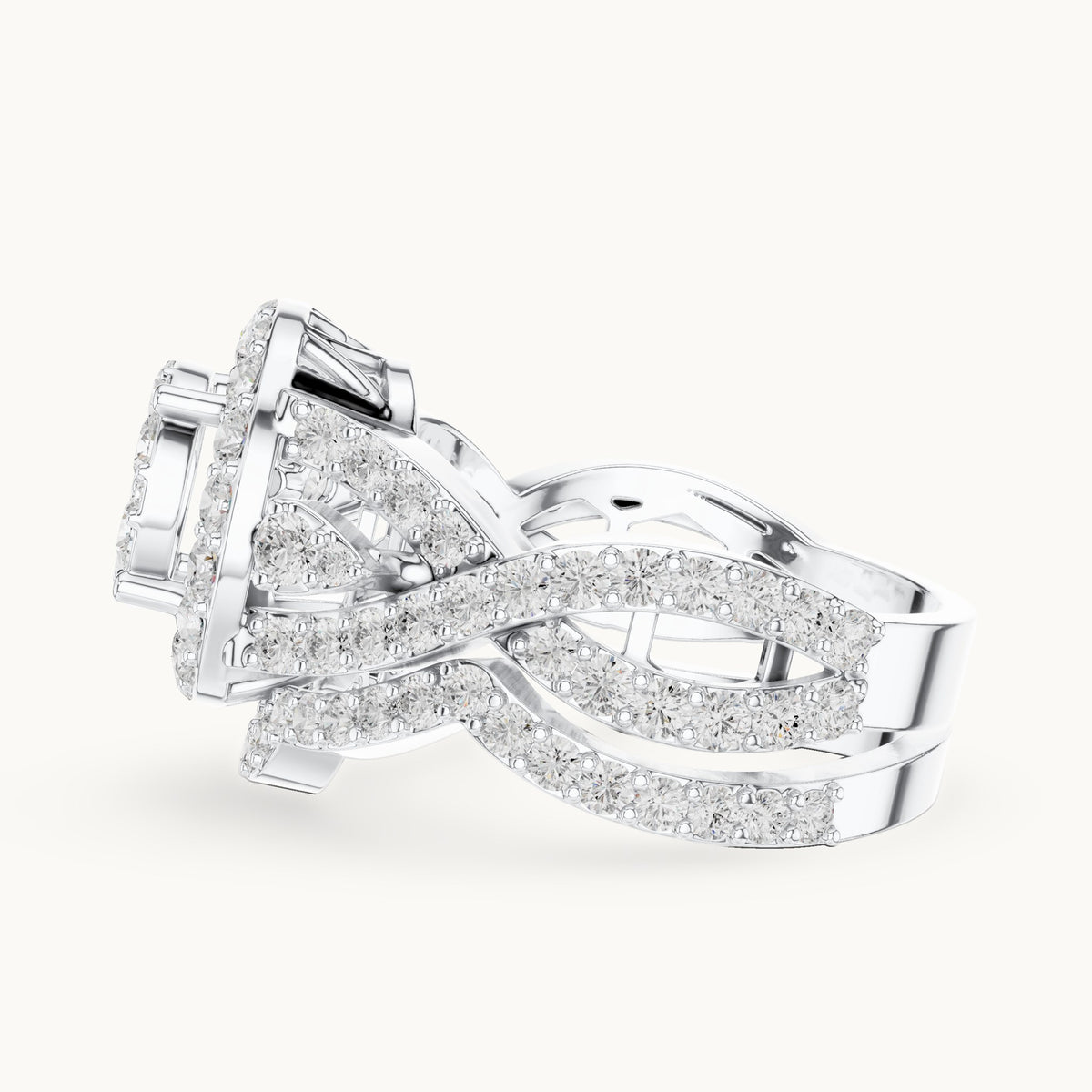 Round lab-grown diamond cluster halo ring with crossover pavé band in white gold, 2.33 CT TW, view 3