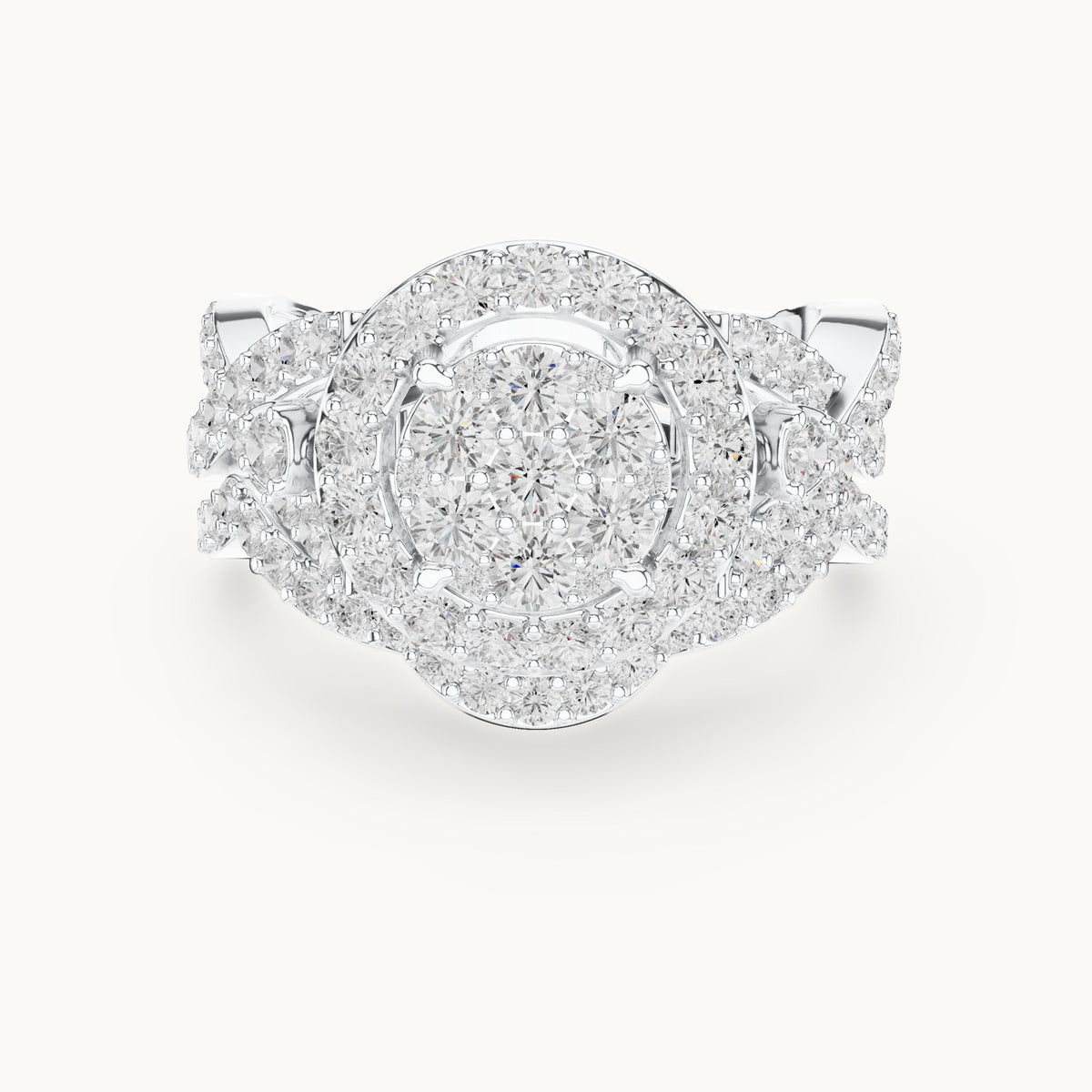 Round lab-grown diamond cluster halo ring with crossover pavé band in white gold, 2.33 CT TW, view 4