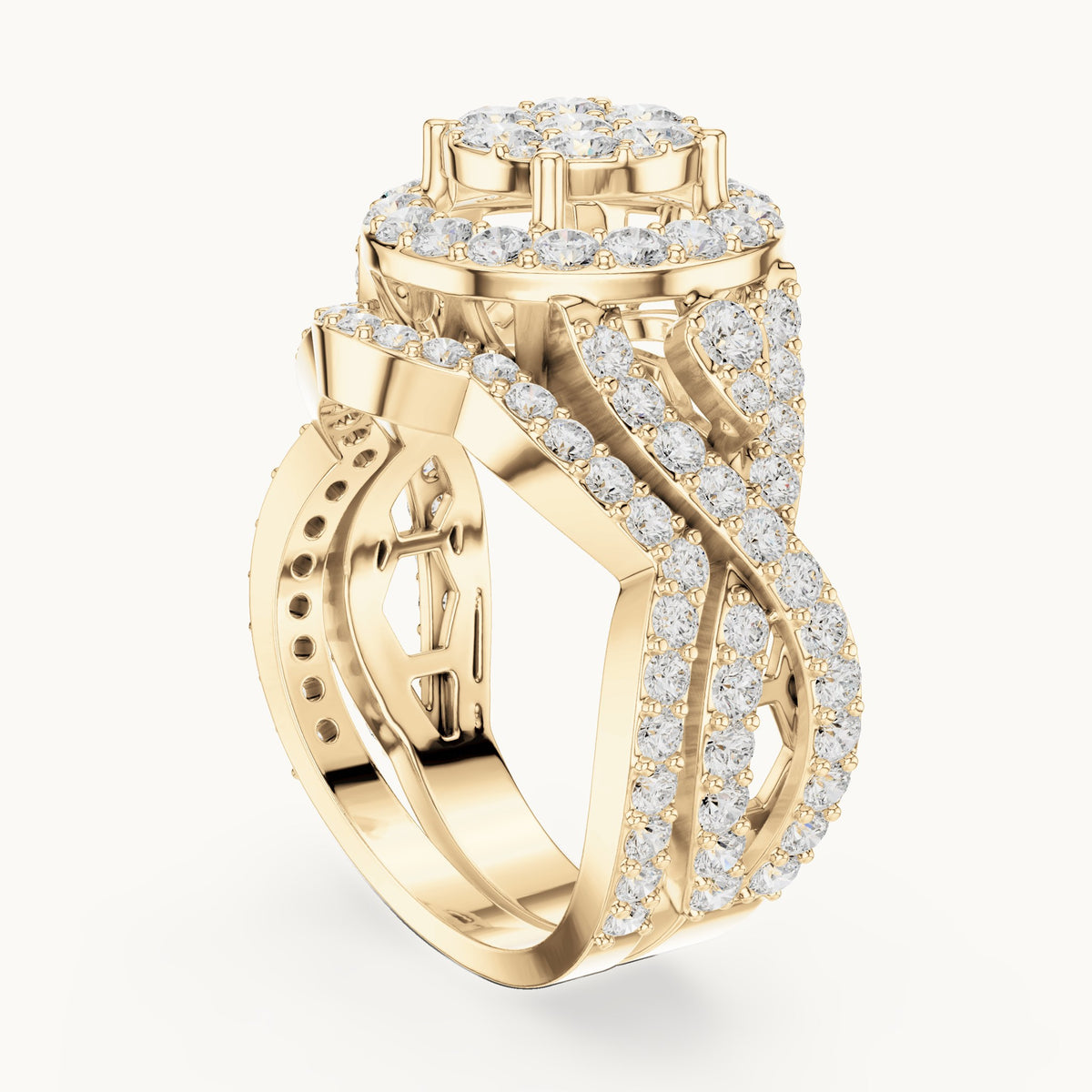 Round lab-grown diamond cluster halo ring with crossover pavé band in yellow gold, 2.33 CT TW, view 1
