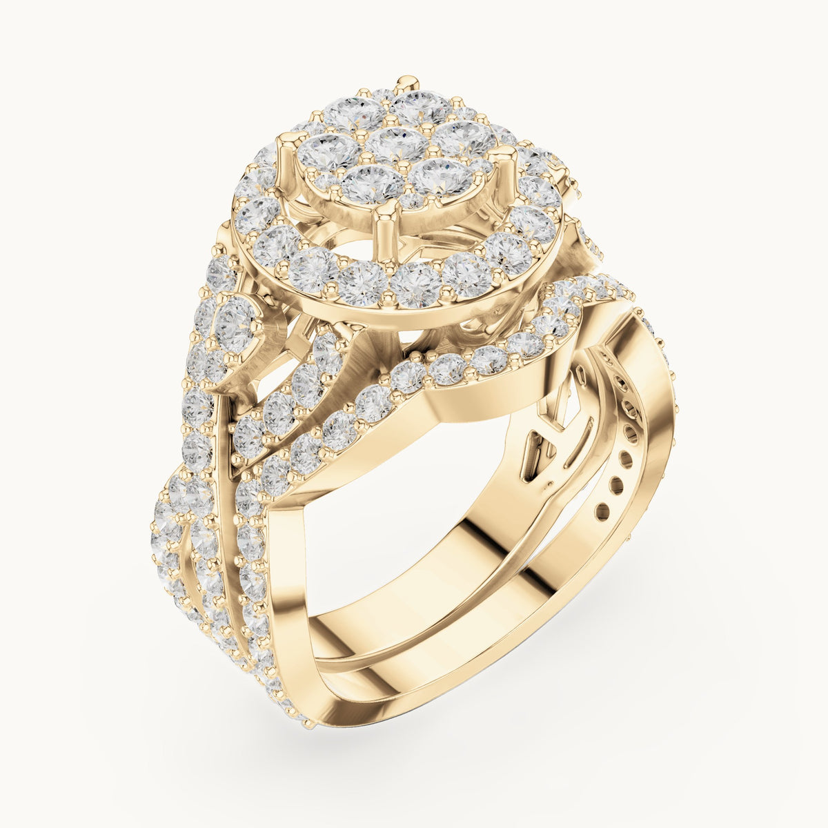 Round lab-grown diamond cluster halo ring with crossover pavé band in yellow gold, 2.33 CT TW, view 2