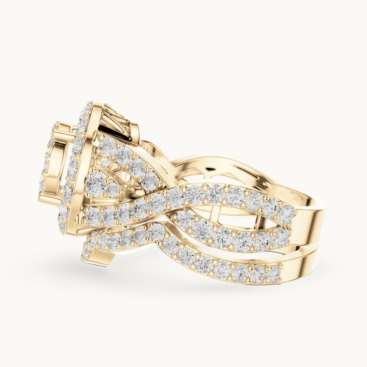 Round lab-grown diamond cluster halo ring with crossover pavé band in yellow gold, 2.33 CT TW, view 3
