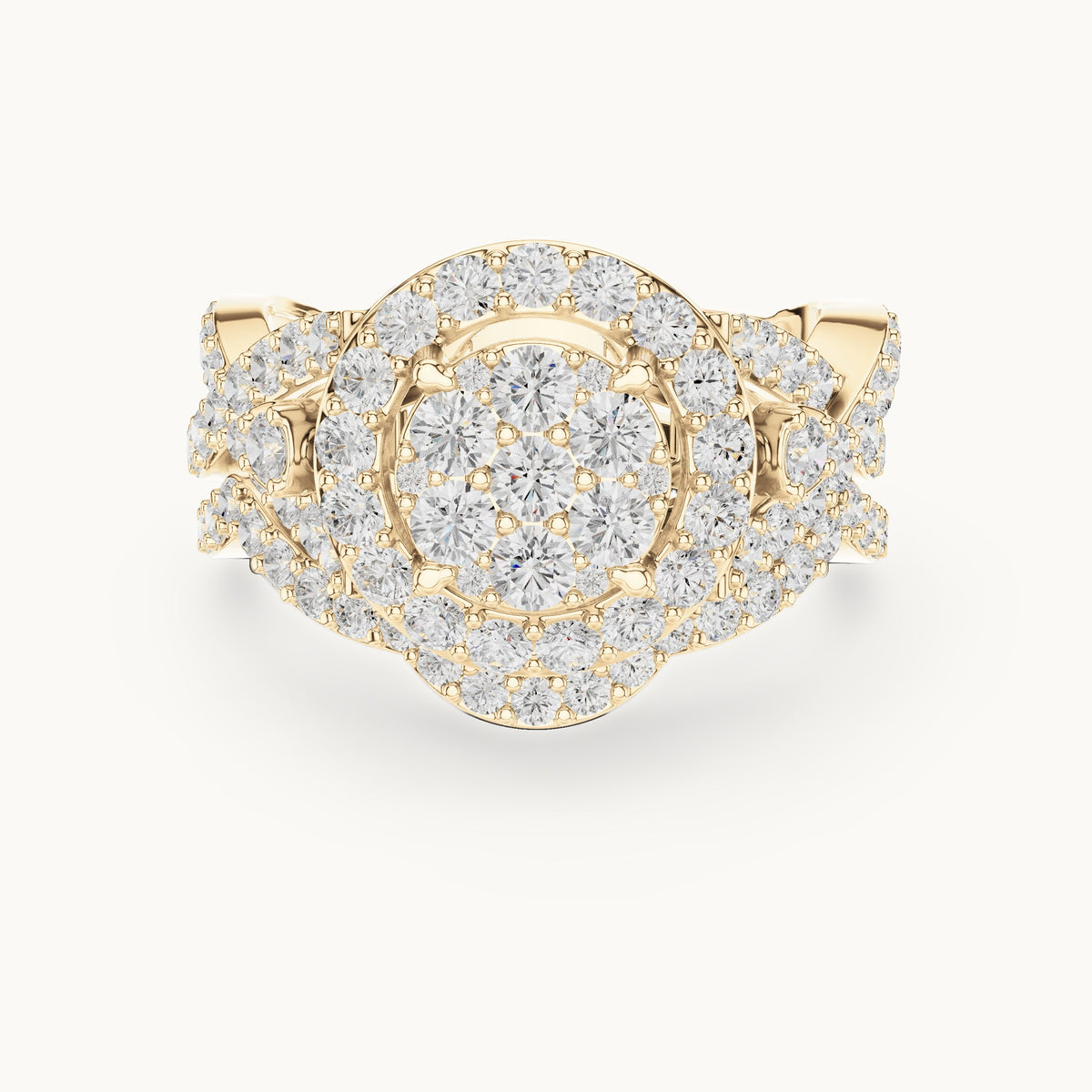 Round lab-grown diamond cluster halo ring with crossover pavé band in yellow gold, 2.33 CT TW, view 4
