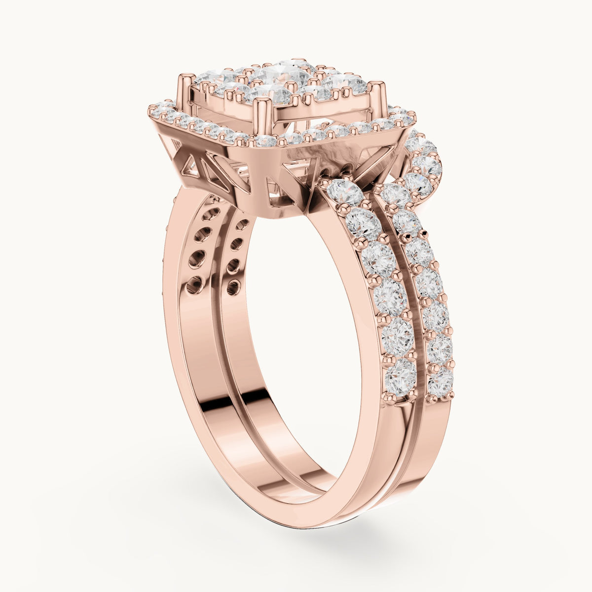 Round lab-grown diamond cluster double halo engagement ring in rose gold, 1.857 CT TW, view 1