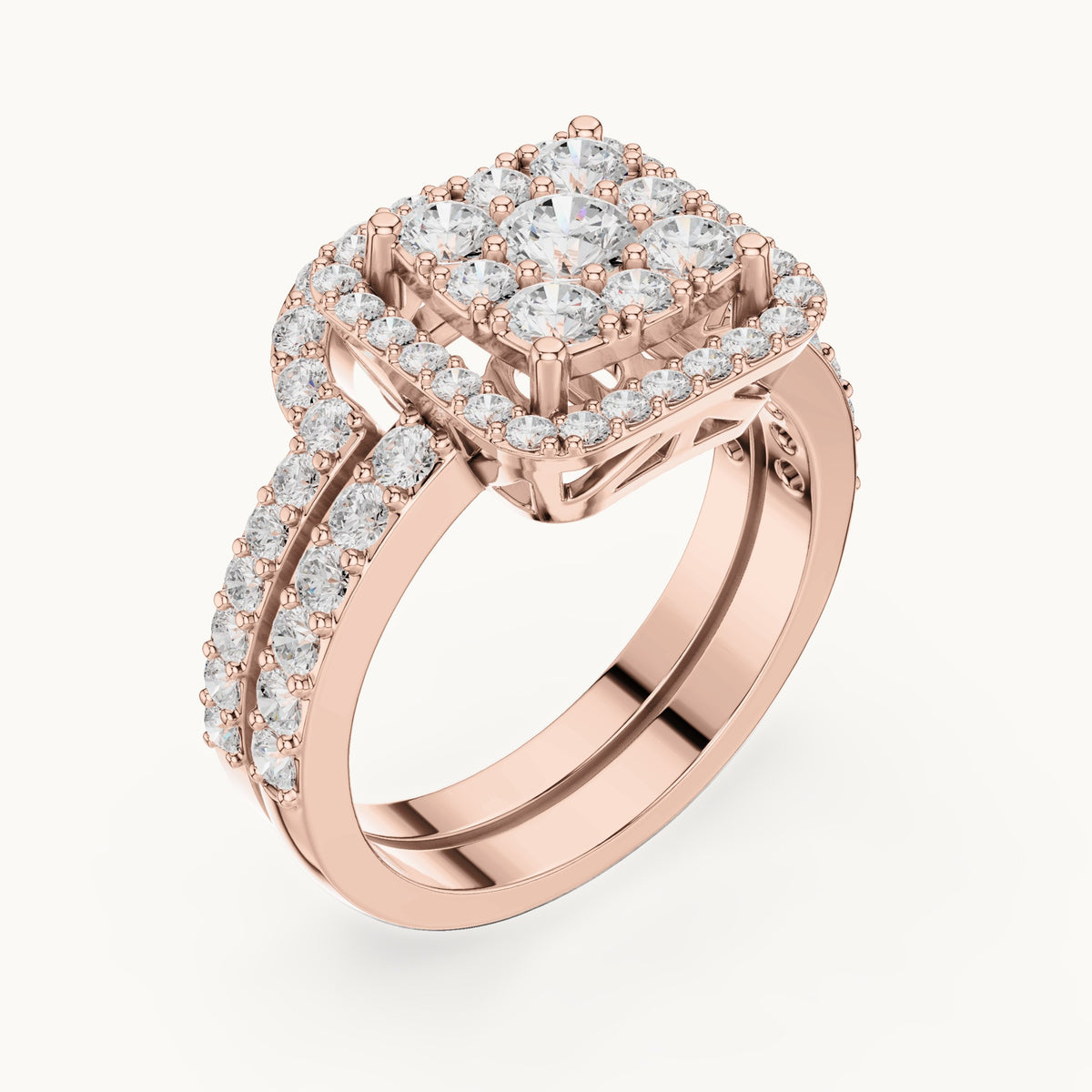Round lab-grown diamond cluster double halo engagement ring in rose gold, 1.857 CT TW, view 2