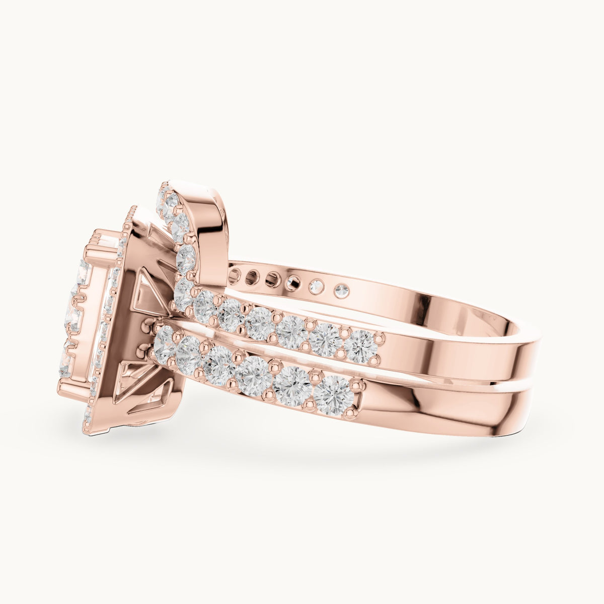 Round lab-grown diamond cluster double halo engagement ring in rose gold, 1.857 CT TW, view 3