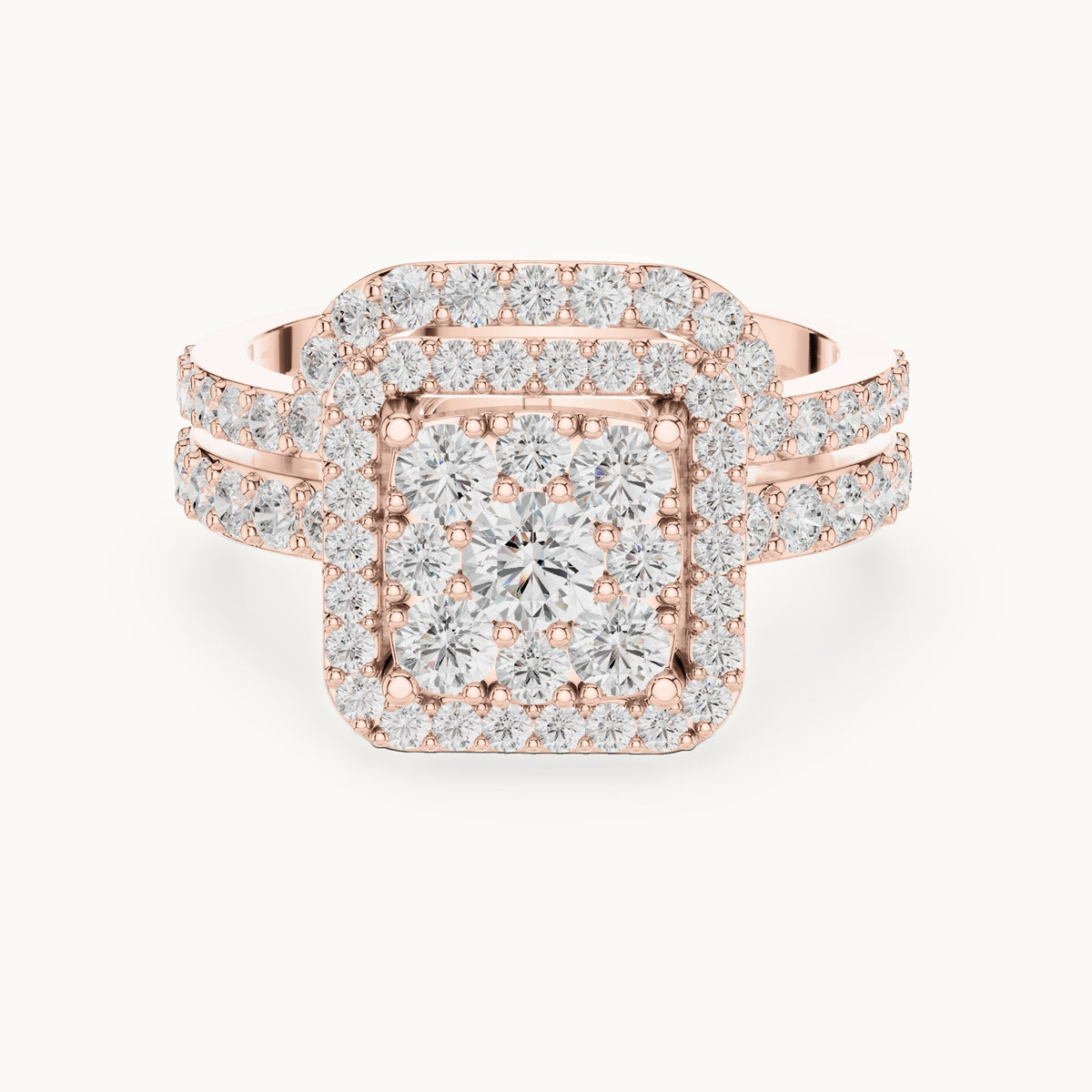 Round lab-grown diamond cluster double halo engagement ring in rose gold, 1.857 CT TW, view 4