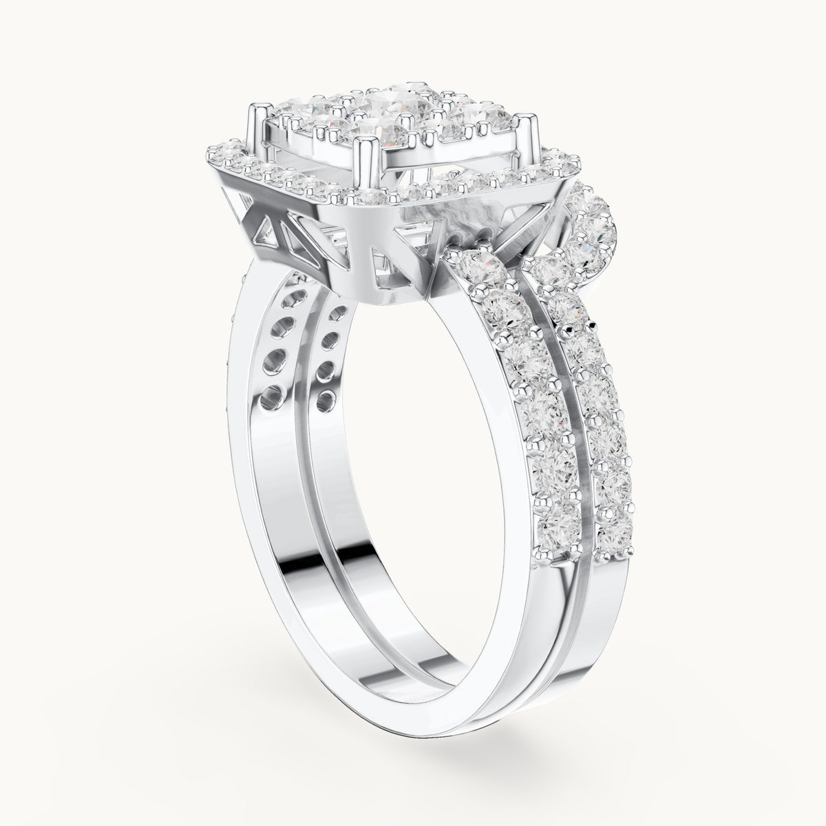 Round lab-grown diamond cluster double halo engagement ring in white gold, 1.857 CT TW, view 1