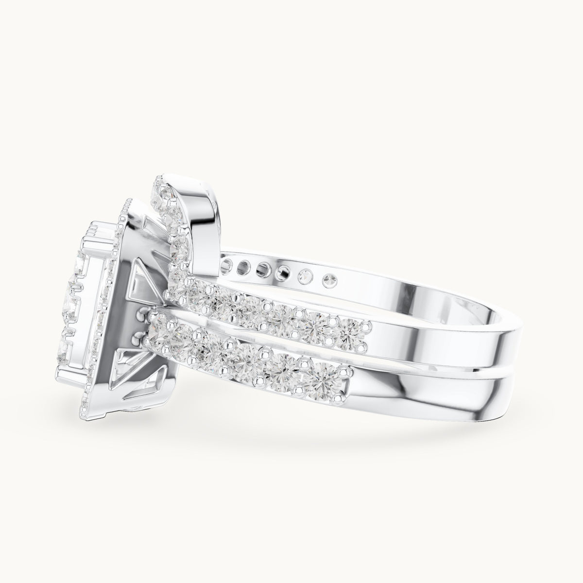 Round lab-grown diamond cluster double halo engagement ring in white gold, 1.857 CT TW, view 3