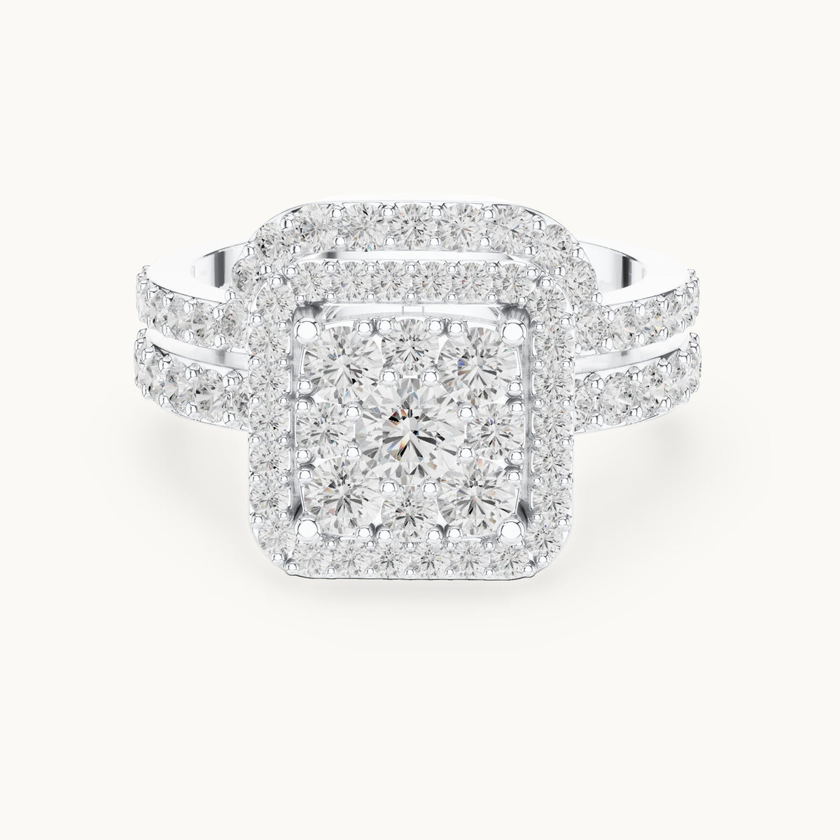 Round lab-grown diamond cluster double halo engagement ring in white gold, 1.857 CT TW, view 4
