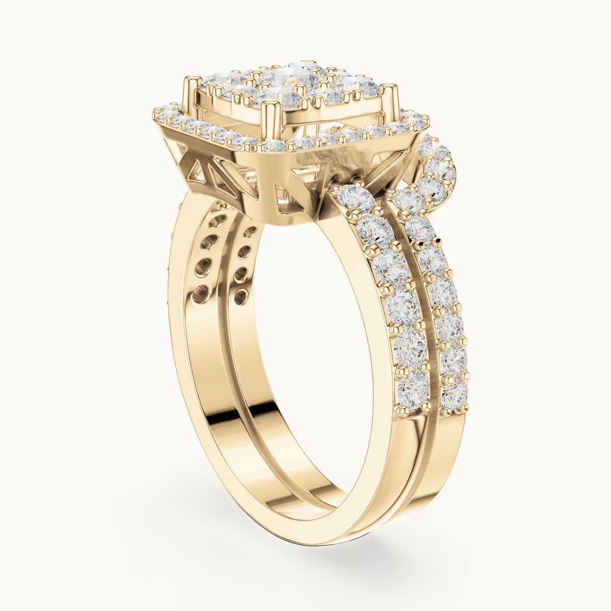 Round lab-grown diamond cluster double halo engagement ring in yellow gold, 1.857 CT TW, view 1