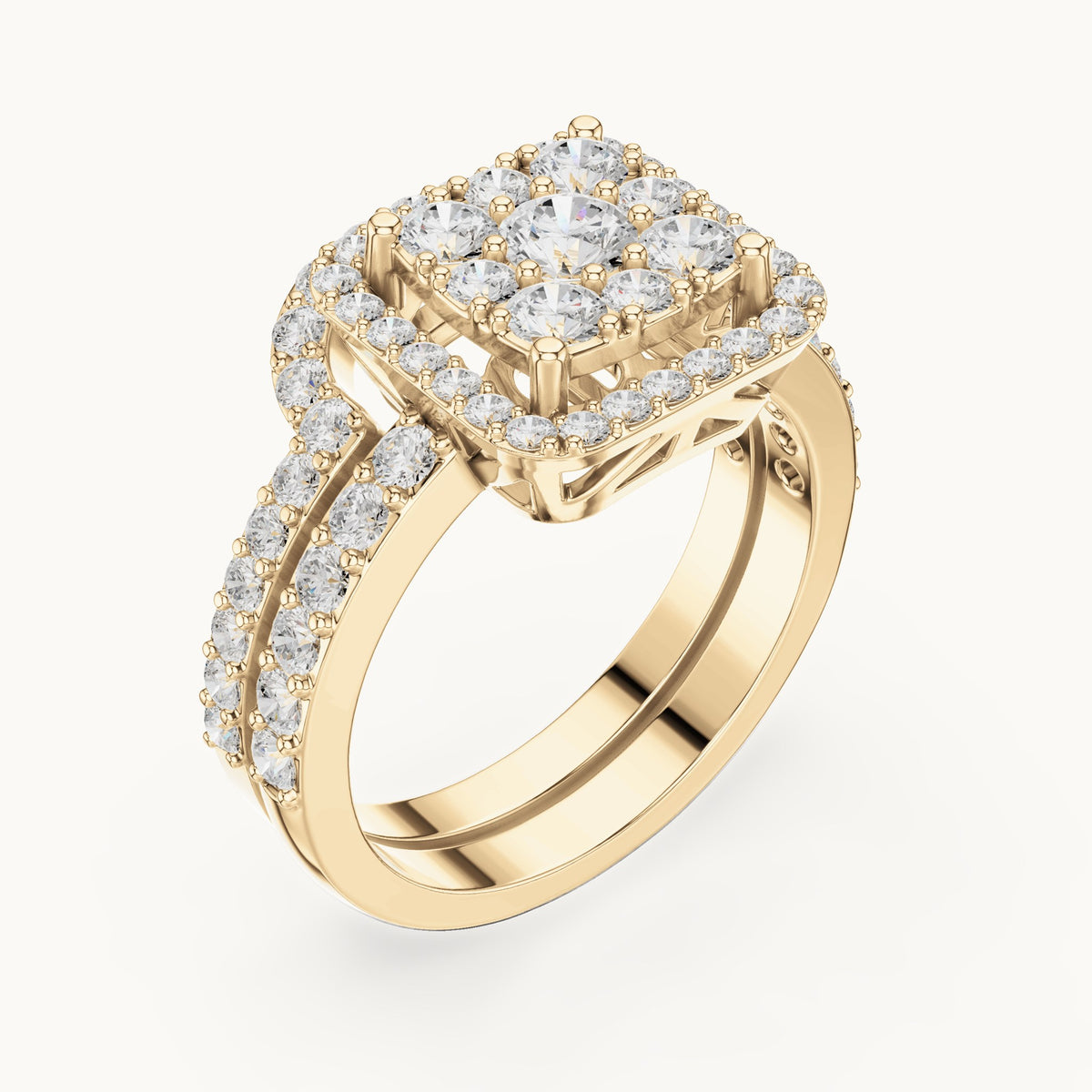 Round lab-grown diamond cluster double halo engagement ring in yellow gold, 1.857 CT TW, view 2