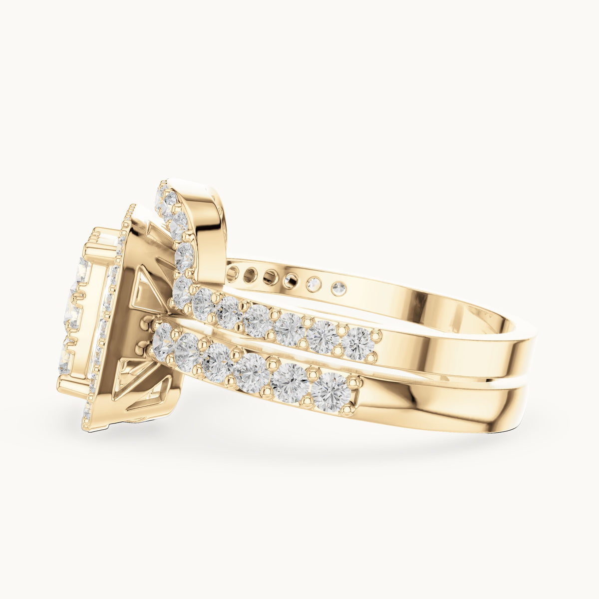 Round lab-grown diamond cluster double halo engagement ring in yellow gold, 1.857 CT TW, view 3