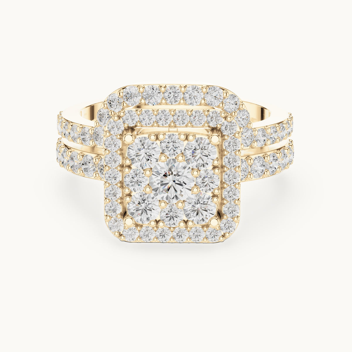 Round lab-grown diamond cluster double halo engagement ring in yellow gold, 1.857 CT TW, view 4