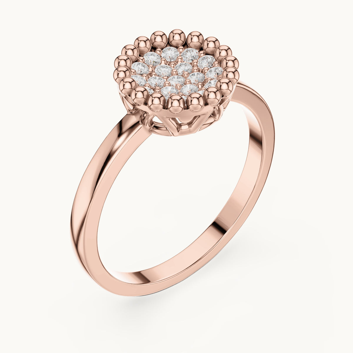 Round lab-grown diamond cluster ring with beaded frame in rose gold, 0.17 CT TW, view 2