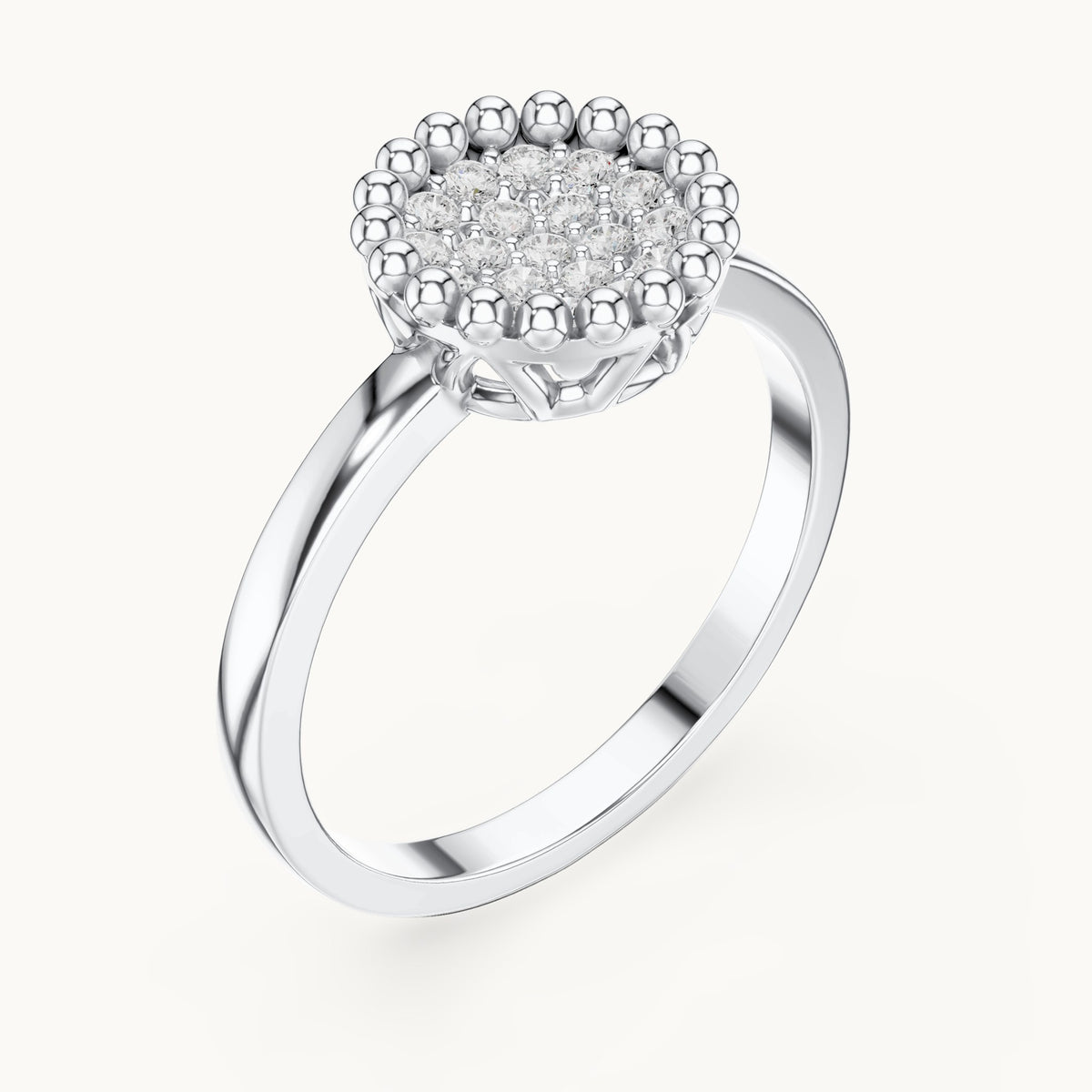 Round lab-grown diamond cluster ring with beaded frame in white gold, 0.17 CT TW, view 2