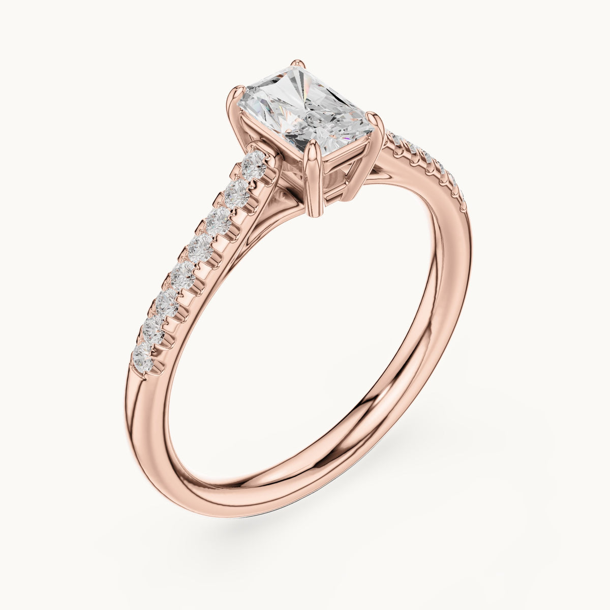 Radiant-cut lab-grown diamond engagement ring with pavé shoulders in rose gold, 0.82 CT TW, view 2