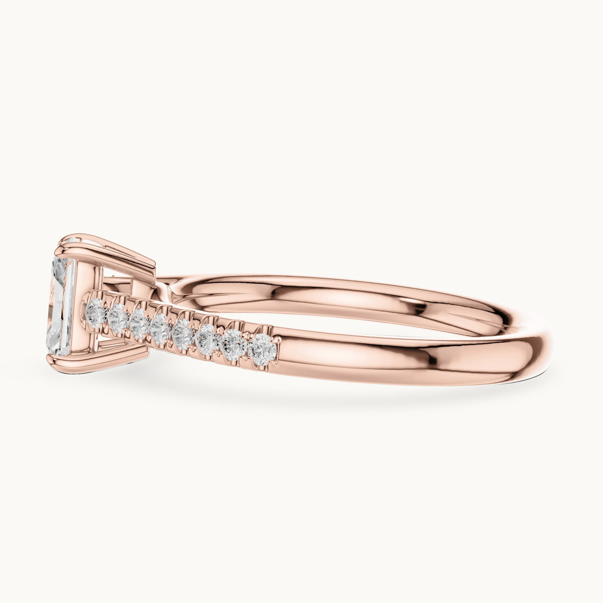 Radiant-cut lab-grown diamond engagement ring with pavé shoulders in rose gold, 0.82 CT TW, view 3