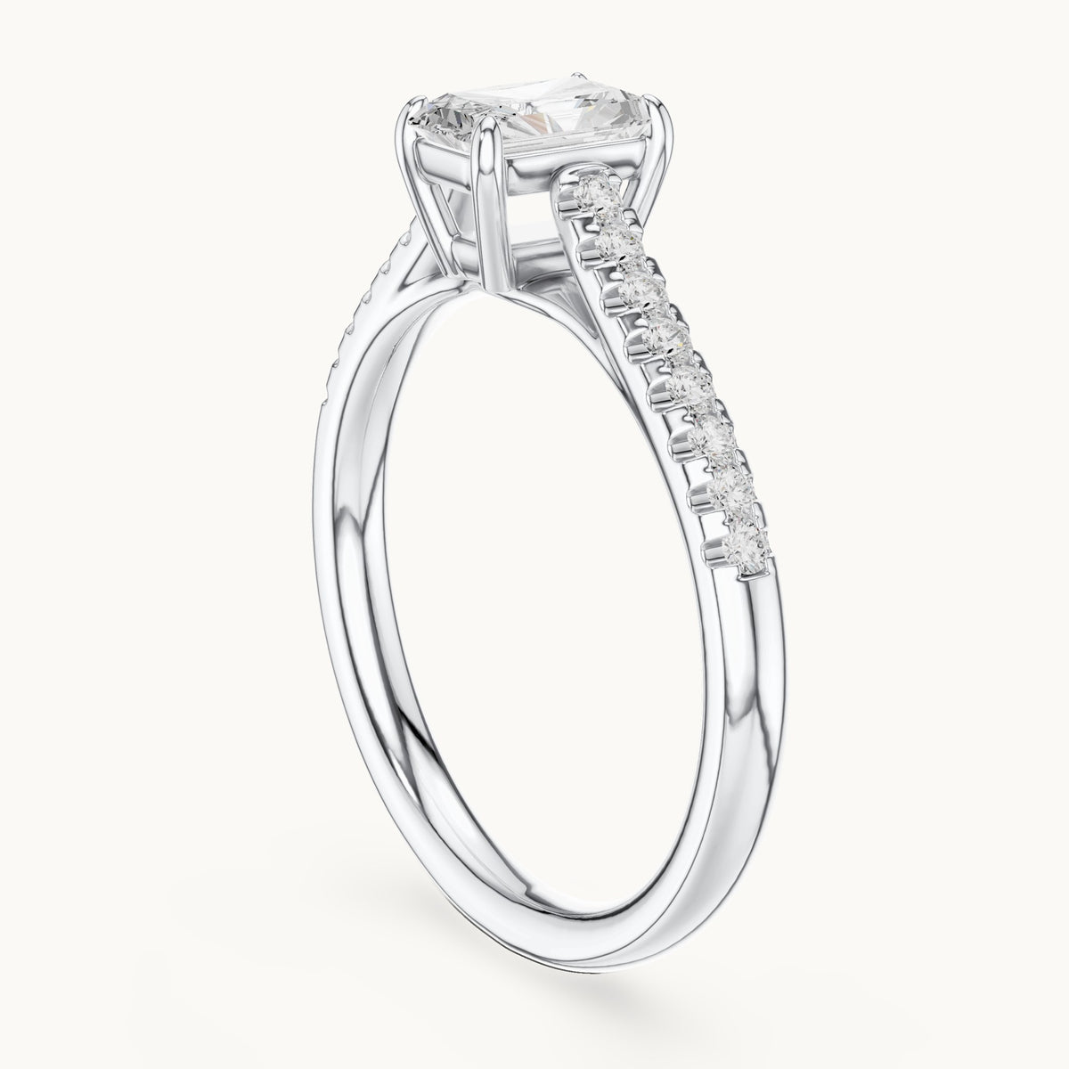 Radiant-cut lab-grown diamond engagement ring with pavé shoulders in white gold, 0.82 CT TW, view 1