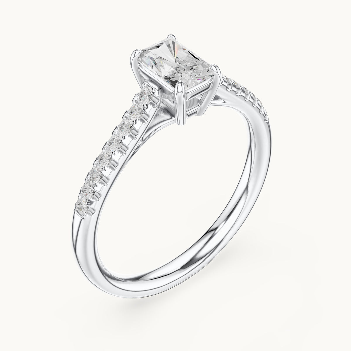 Radiant-cut lab-grown diamond engagement ring with pavé shoulders in white gold, 0.82 CT TW, view 2