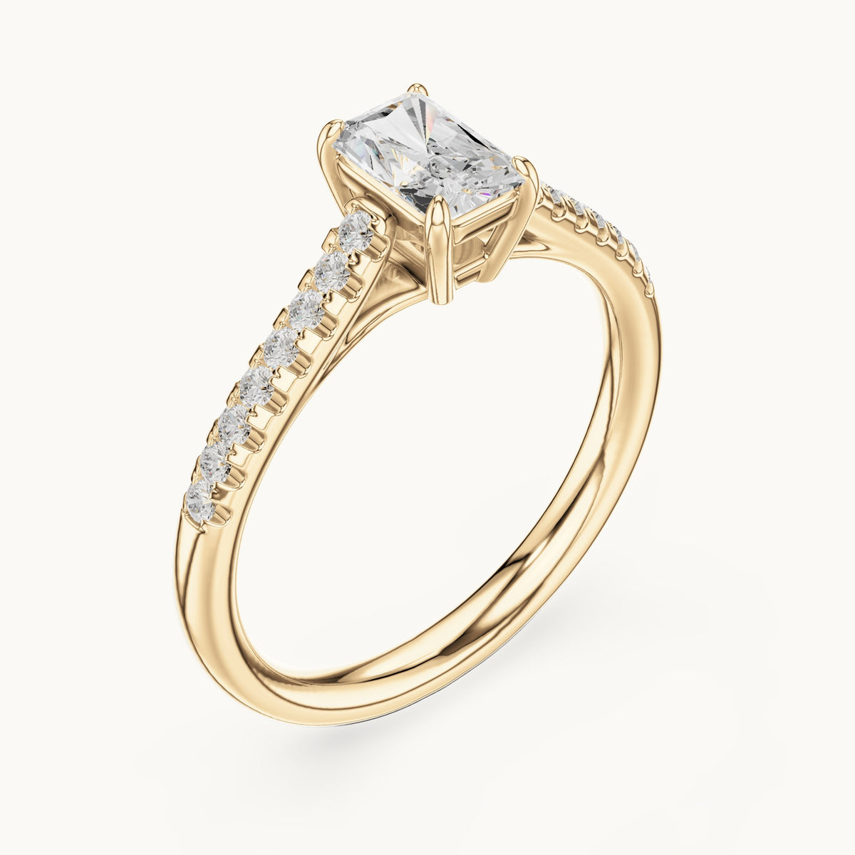 Radiant-cut lab-grown diamond engagement ring with pavé shoulders in yellow gold, 0.82 CT TW, view 2