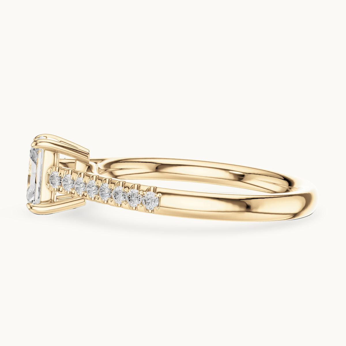 Radiant-cut lab-grown diamond engagement ring with pavé shoulders in yellow gold, 0.82 CT TW, view 3