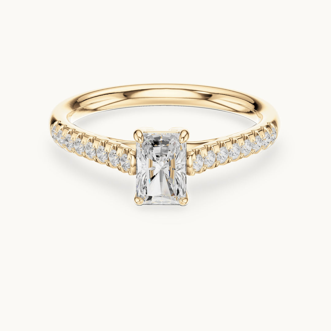 Radiant-cut lab-grown diamond engagement ring with pavé shoulders in yellow gold, 0.82 CT TW, view 4