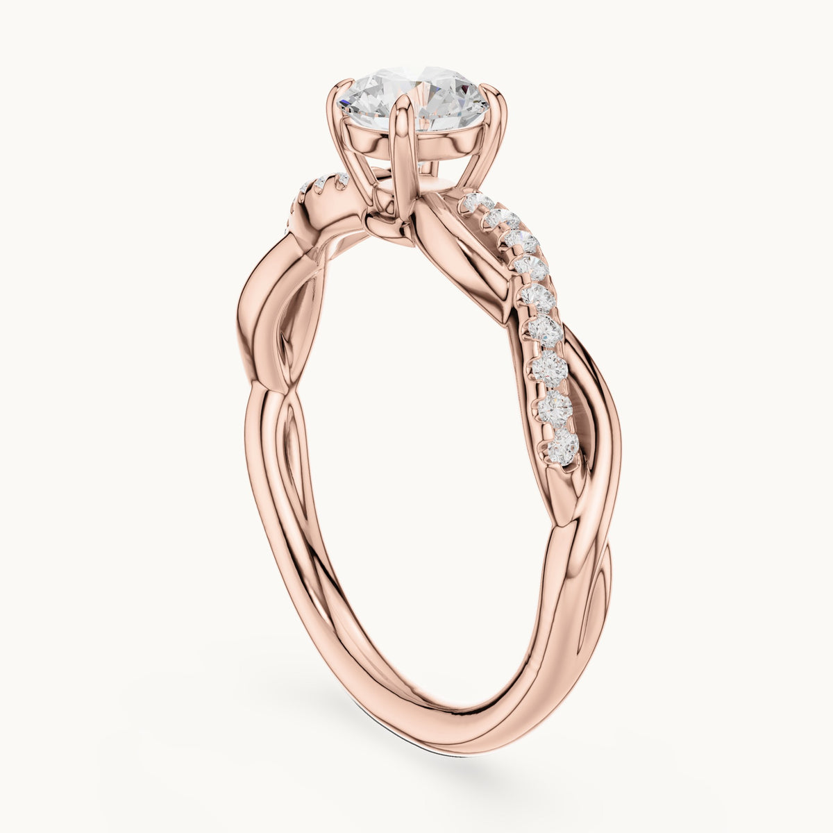 Round lab-grown diamond twisted pavé engagement ring in rose gold, 0.76 CT TW, view 1