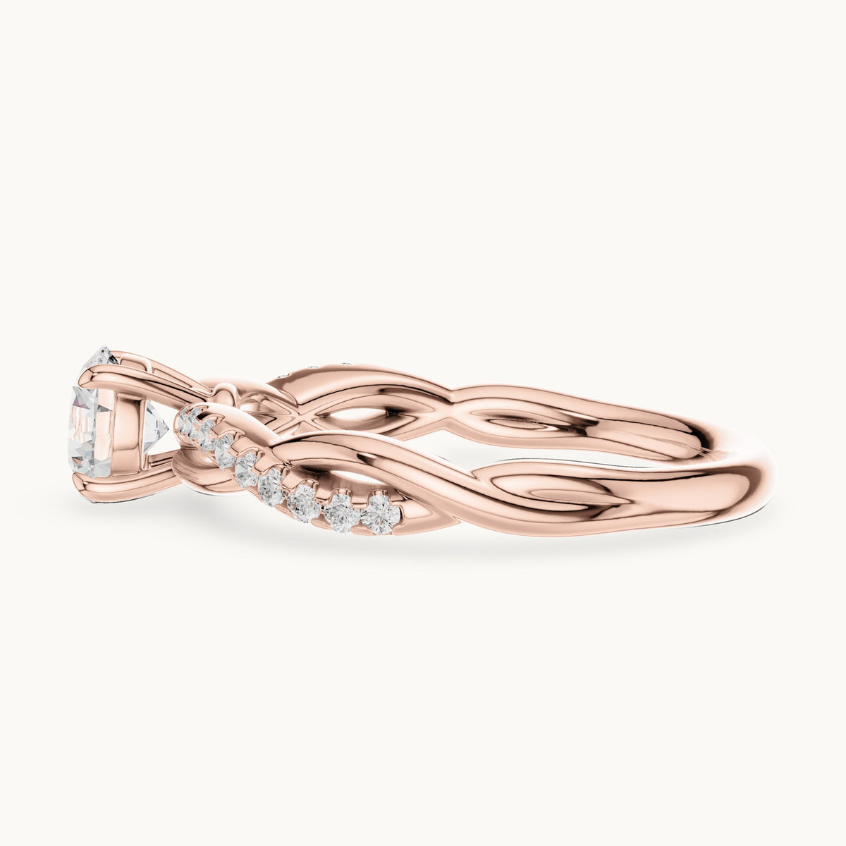 Round lab-grown diamond twisted pavé engagement ring in rose gold, 0.76 CT TW, view 3