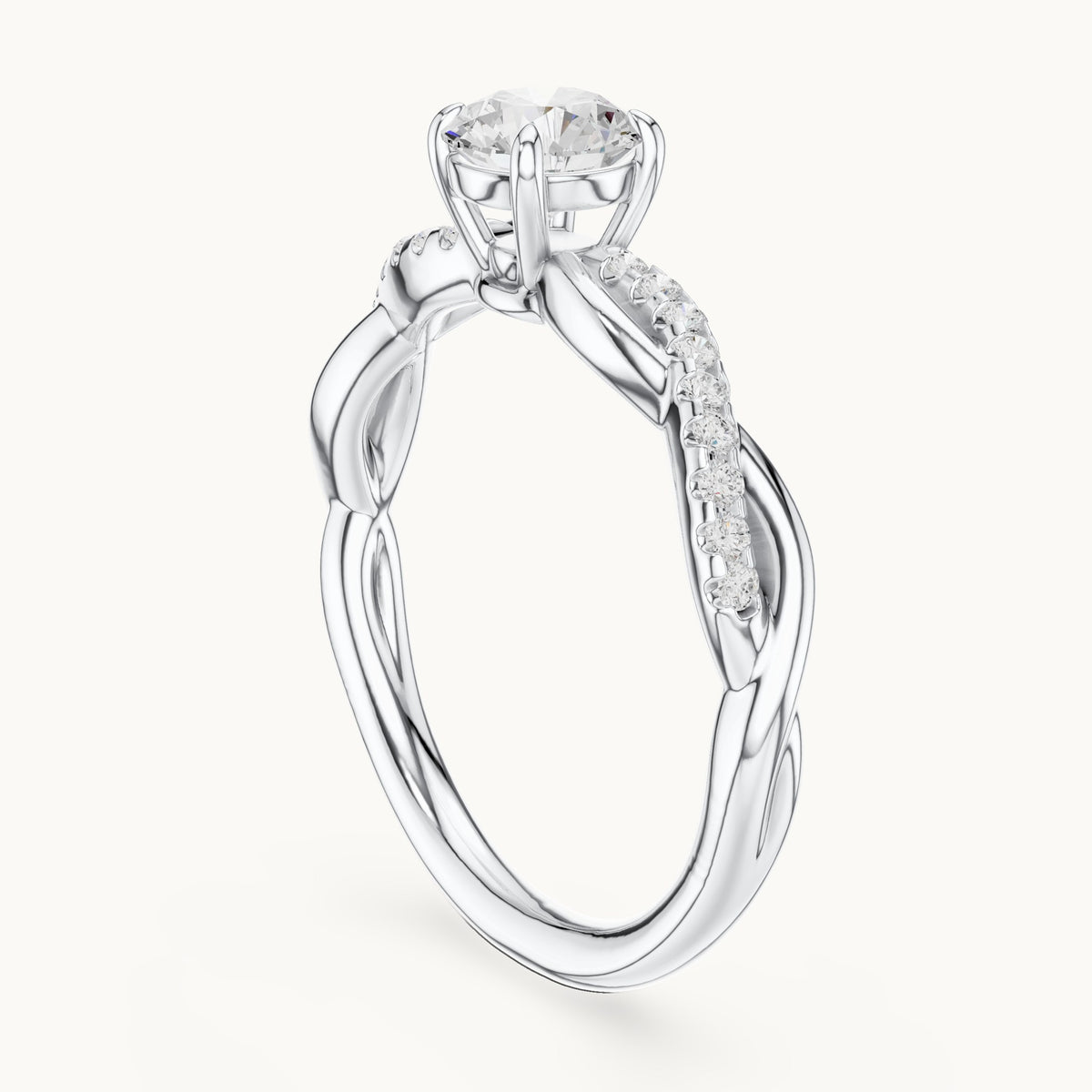 Round lab-grown diamond twisted pavé engagement ring in white gold, 0.76 CT TW, view 1
