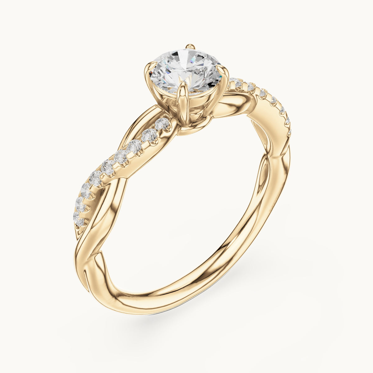 Round lab-grown diamond twisted pavé engagement ring in yellow gold, 0.76 CT TW, view 2