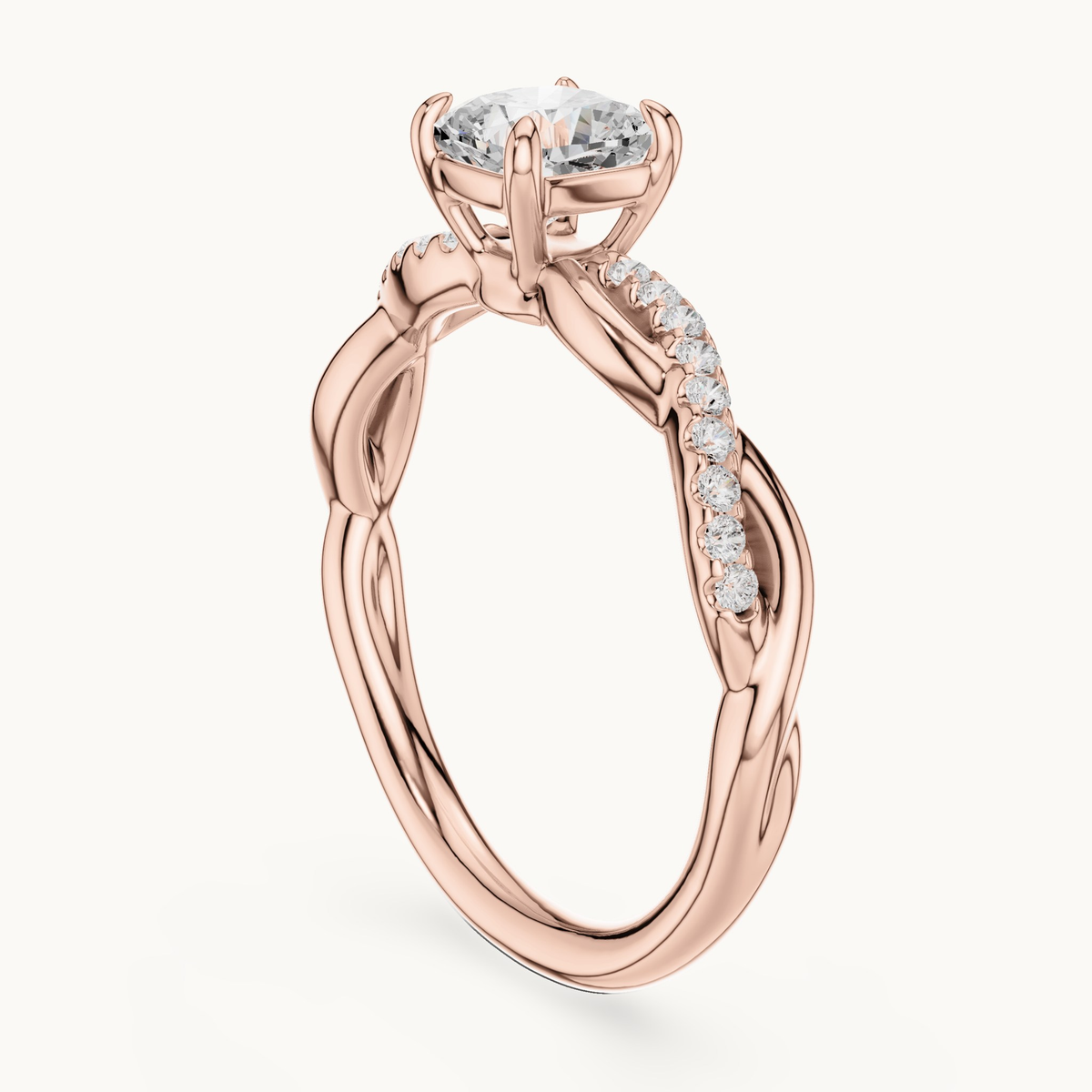 Cushion-cut lab-grown diamond twisted pavé engagement ring in 14K rose gold, 0.84 CT TW, view 1