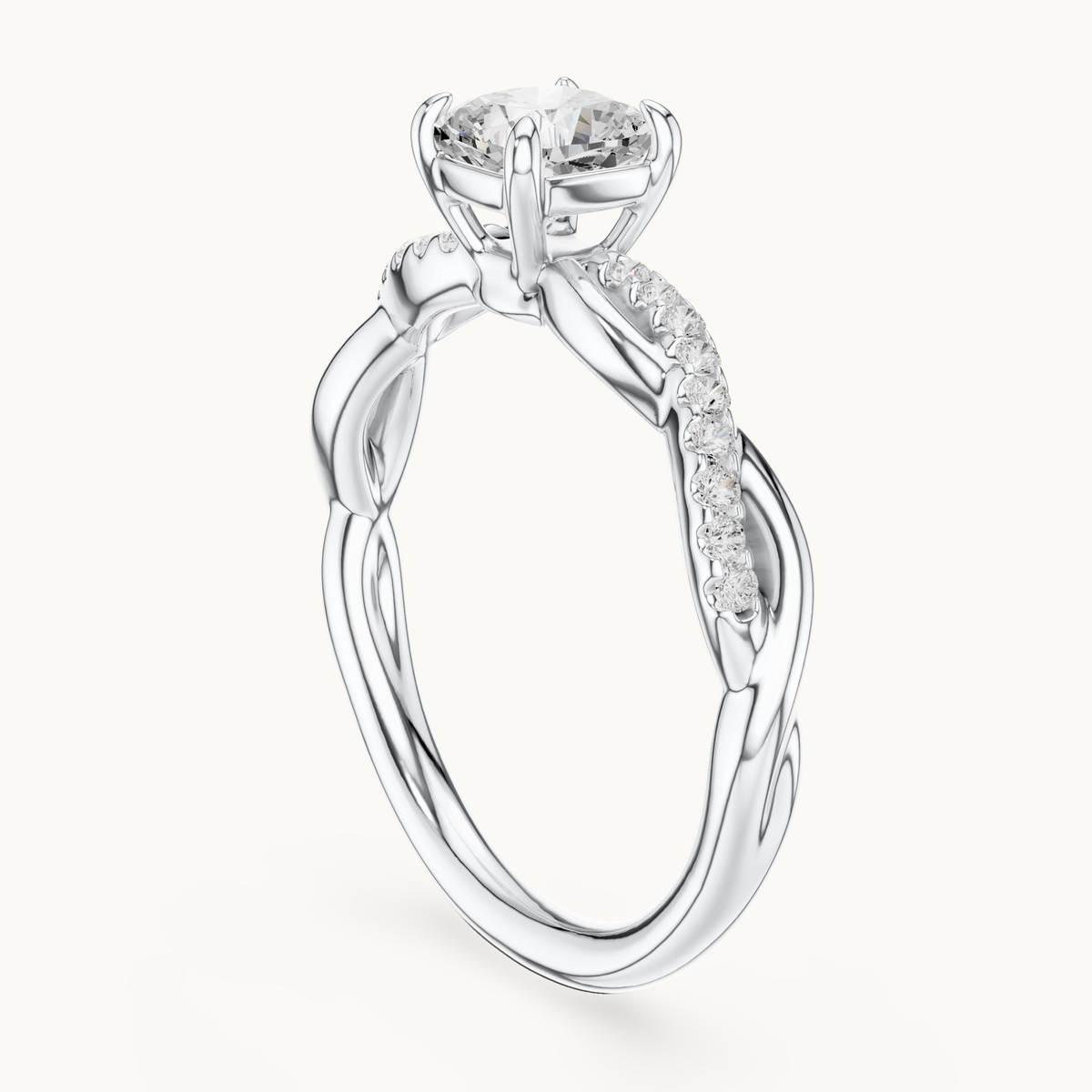 Cushion-cut lab-grown diamond twisted pavé engagement ring in 14K white gold, 0.84 CT TW, view 1