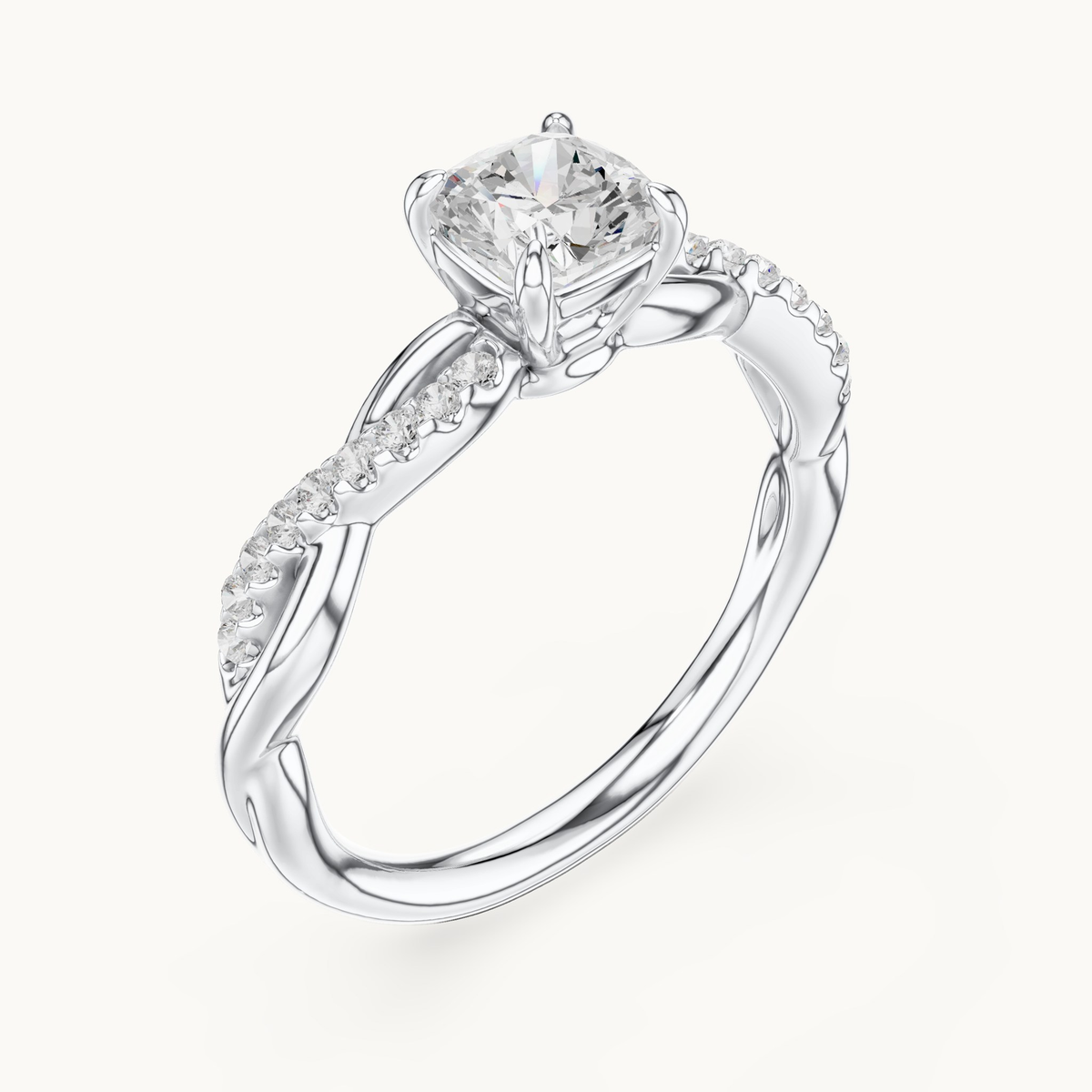 Cushion-cut lab-grown diamond twisted pavé engagement ring in 14K white gold, 0.84 CT TW, view 2