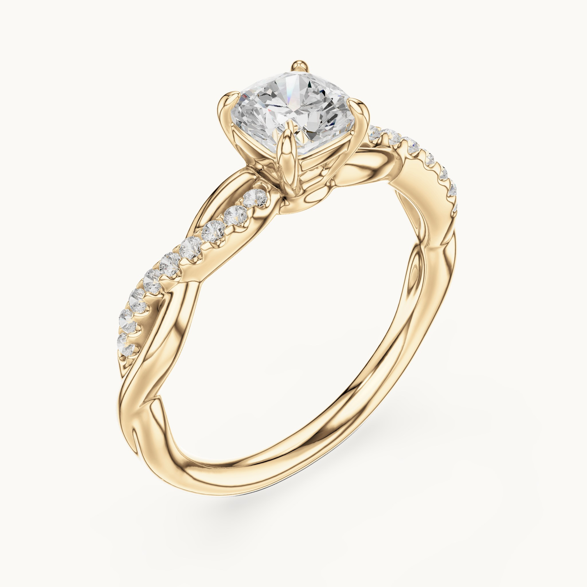 Cushion-cut lab-grown diamond twisted pavé engagement ring in 14K yellow gold, 0.84 CT TW, view 2