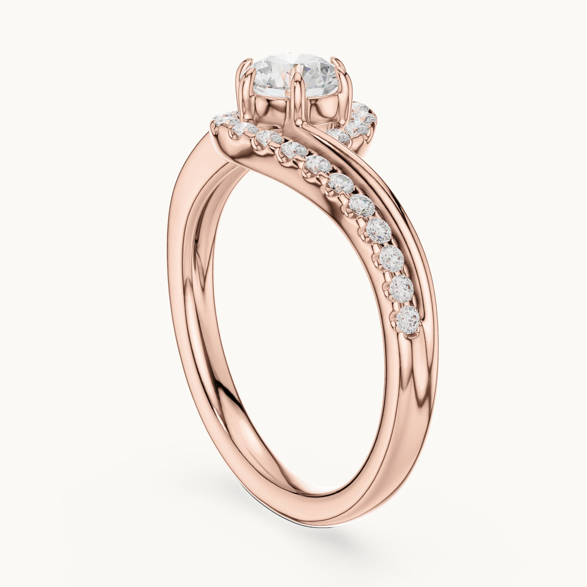 Round lab-grown diamond swirl halo bypass engagement ring in rose gold, 0.78 CT TW, view 1