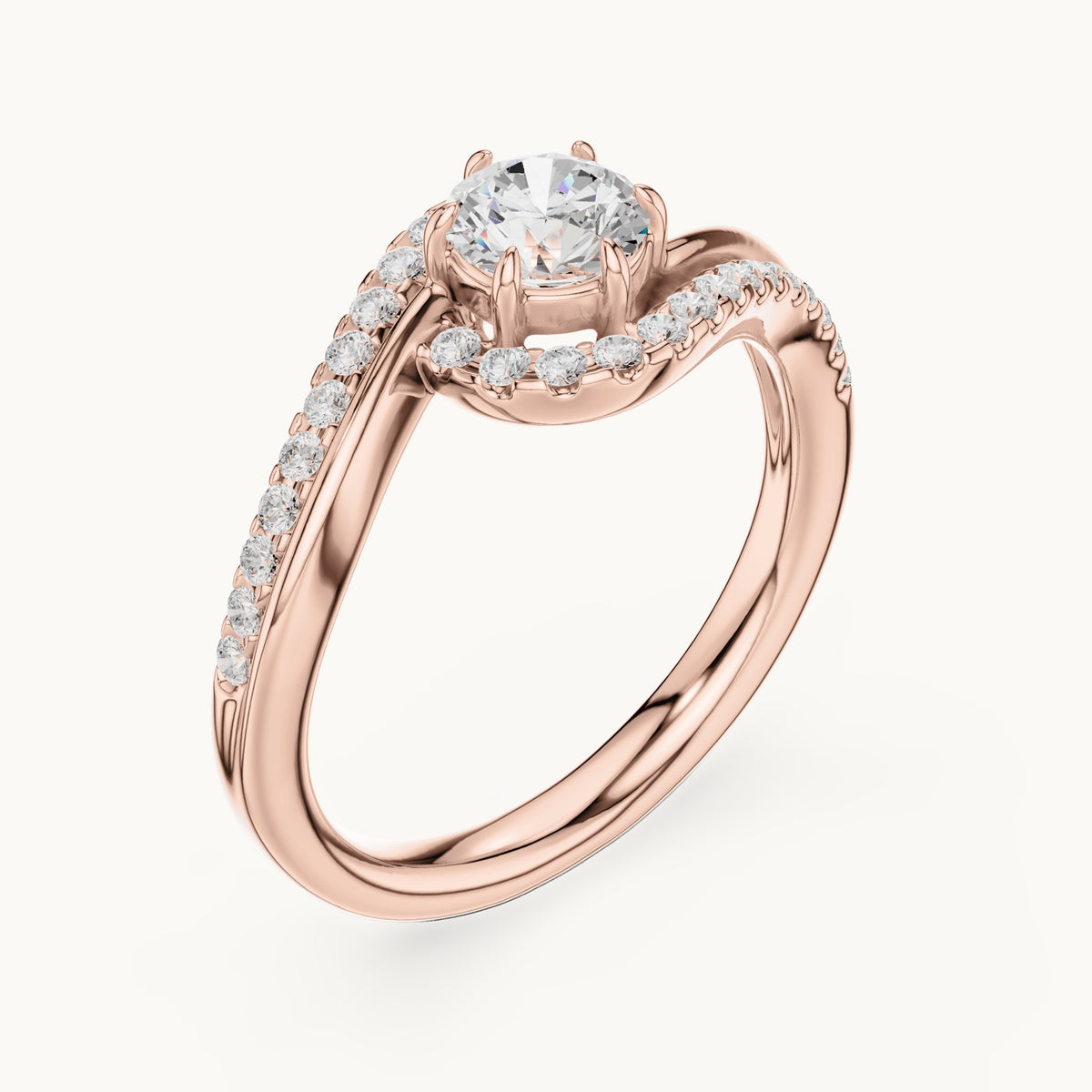 Round lab-grown diamond swirl halo bypass engagement ring in rose gold, 0.78 CT TW, view 2